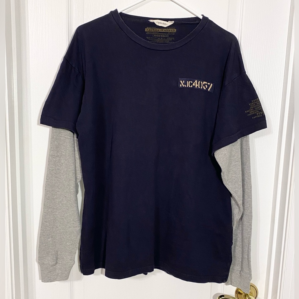 Y2K Nautica Patch Chest Navy Tee w/ Gray Thermal Knit Long Sleeves Men’s Large